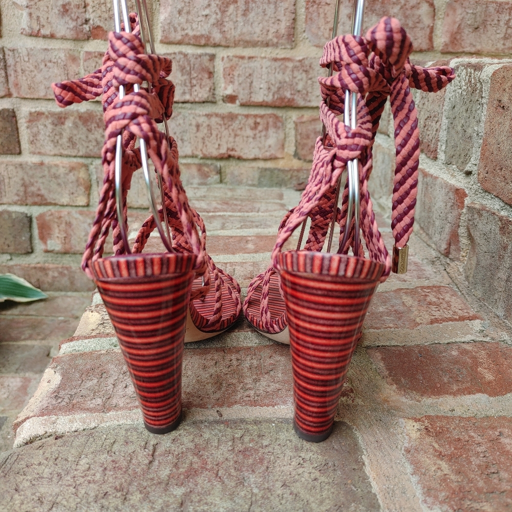 Jimmy Choo Trix 100mm Woven Multi-Wrap Sandal, Dark Shiraz/Coral 37 - Picture 6 of 16